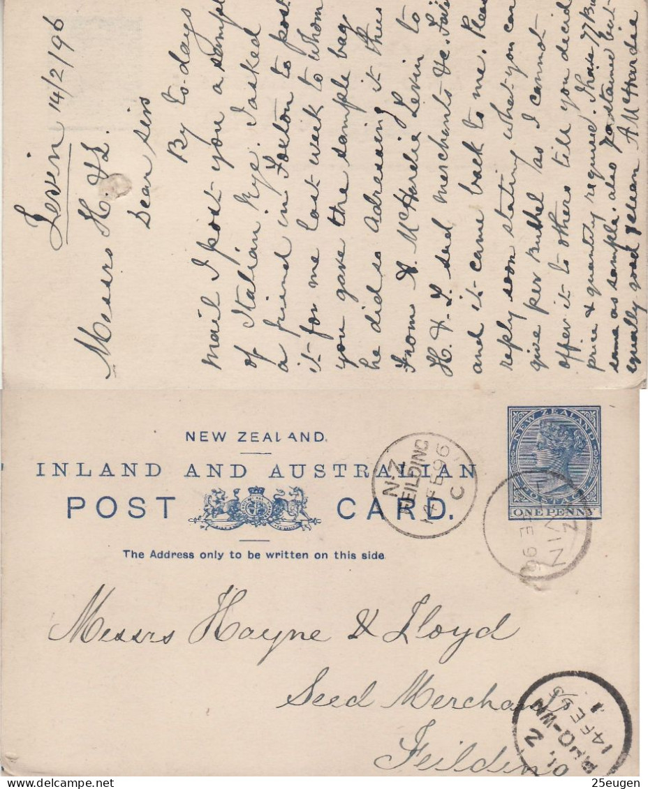 NEW ZEALAND 1896 POSTCARD SENT FROM LEWIN TO FIELDING - Brieven En Documenten