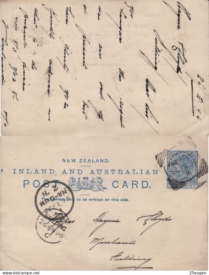 NEW ZEALAND 1896 POSTCARD SENT TO FIELDING - Brieven En Documenten