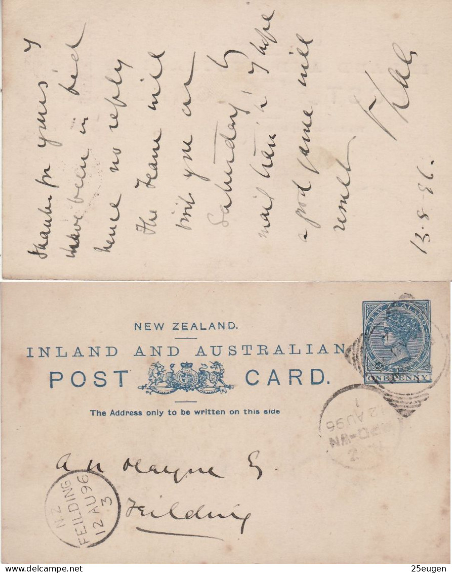 NEW ZEALAND 1896 POSTCARD SENT TO FIELDING - Lettres & Documents