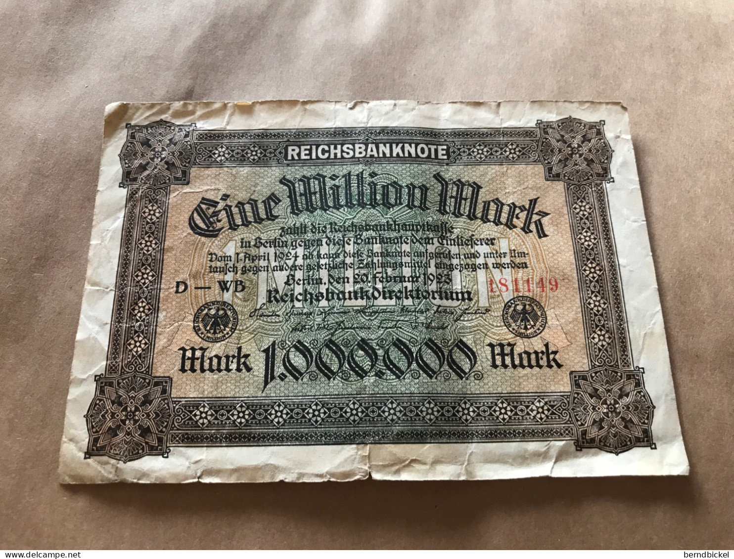 Banknote Geldschein Reichsbanknote Deutsches Reich 1 Million Mark 20. Februar 1923 - 1 Miljoen Mark