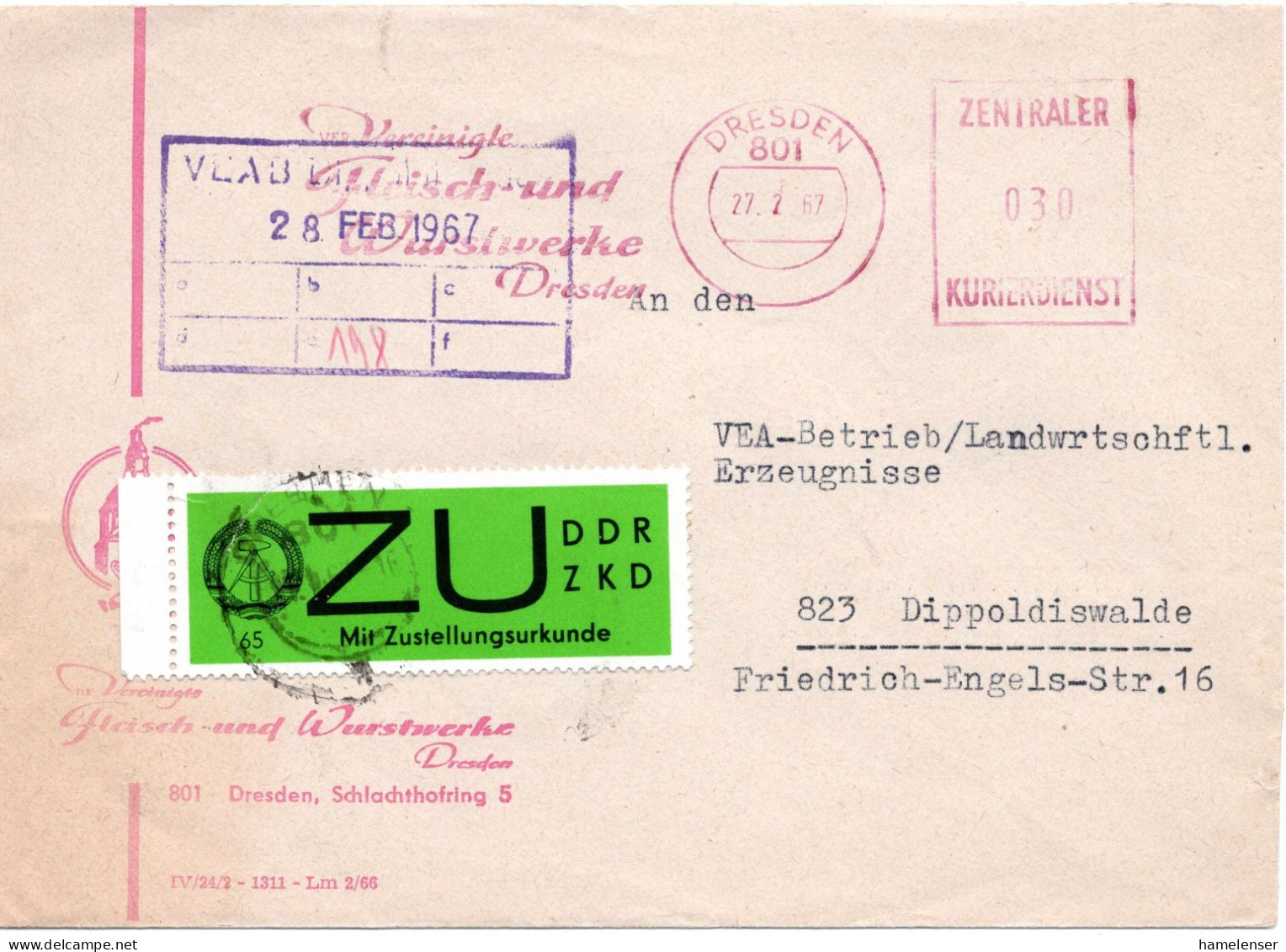 61665 - DDR / ZKD - 1967 - 30Pfg AbsFreistpl DRESDEN - .... M 65Pfg Dienstmke A ZU-Bf -> DIPPOLDISWALDE - Covers & Documents