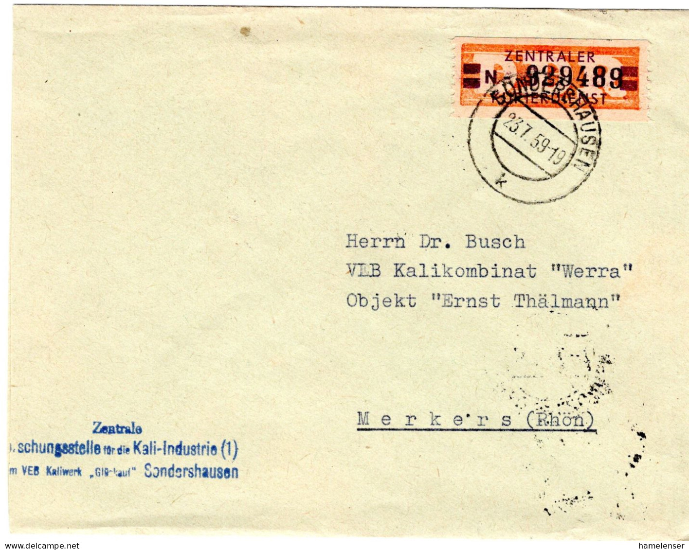 61666 - DDR / ZKD - 1959 - 20Pfg ZKD-Mke A ZKD-Bf SONDERSHAUSEN -> BAD SALZUNGEN -> Merkers - Cartas & Documentos