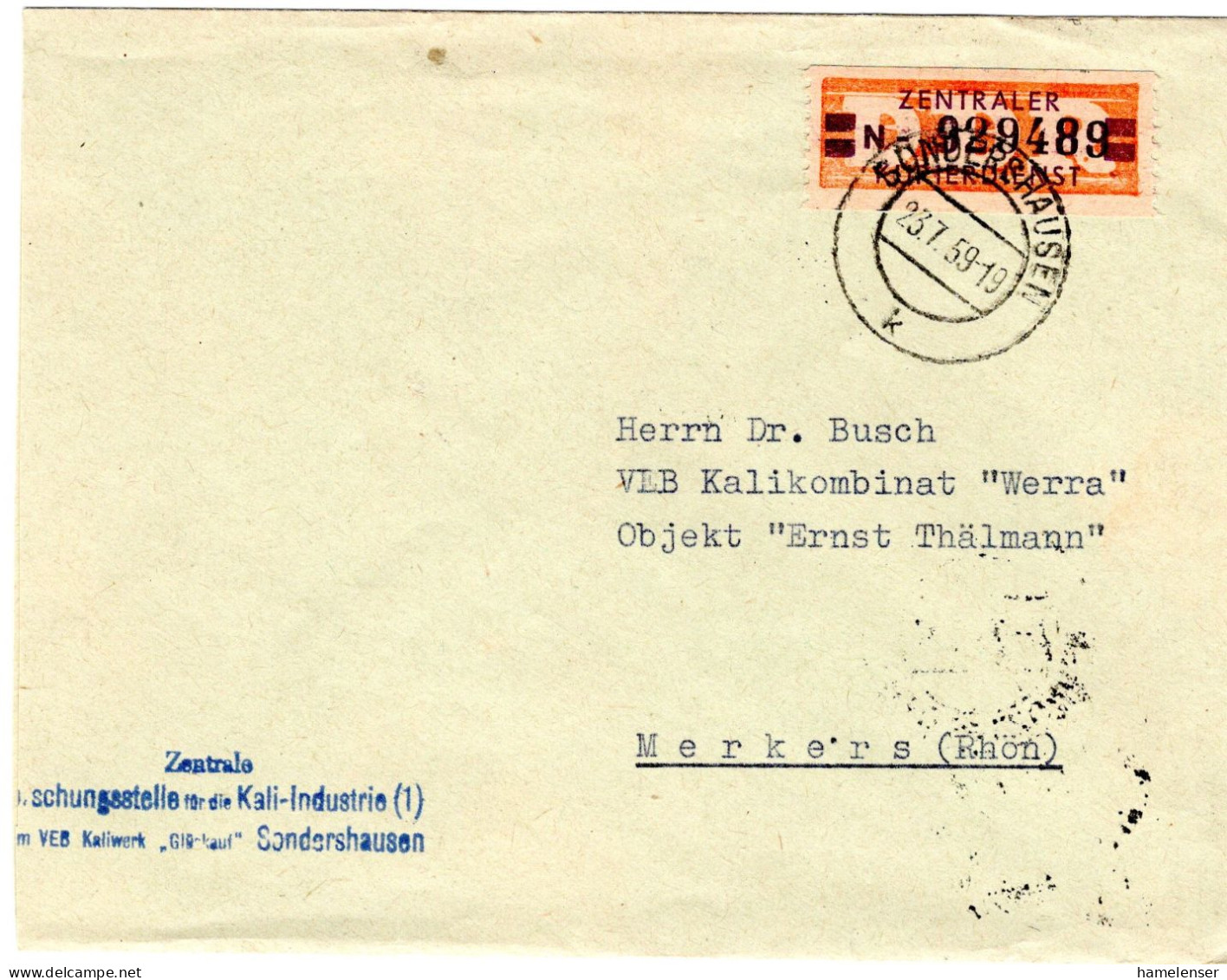 61666 - DDR / ZKD - 1959 - 20Pfg ZKD-Mke A ZKD-Bf SONDERSHAUSEN -> BAD SALZUNGEN -> Merkers - Covers & Documents