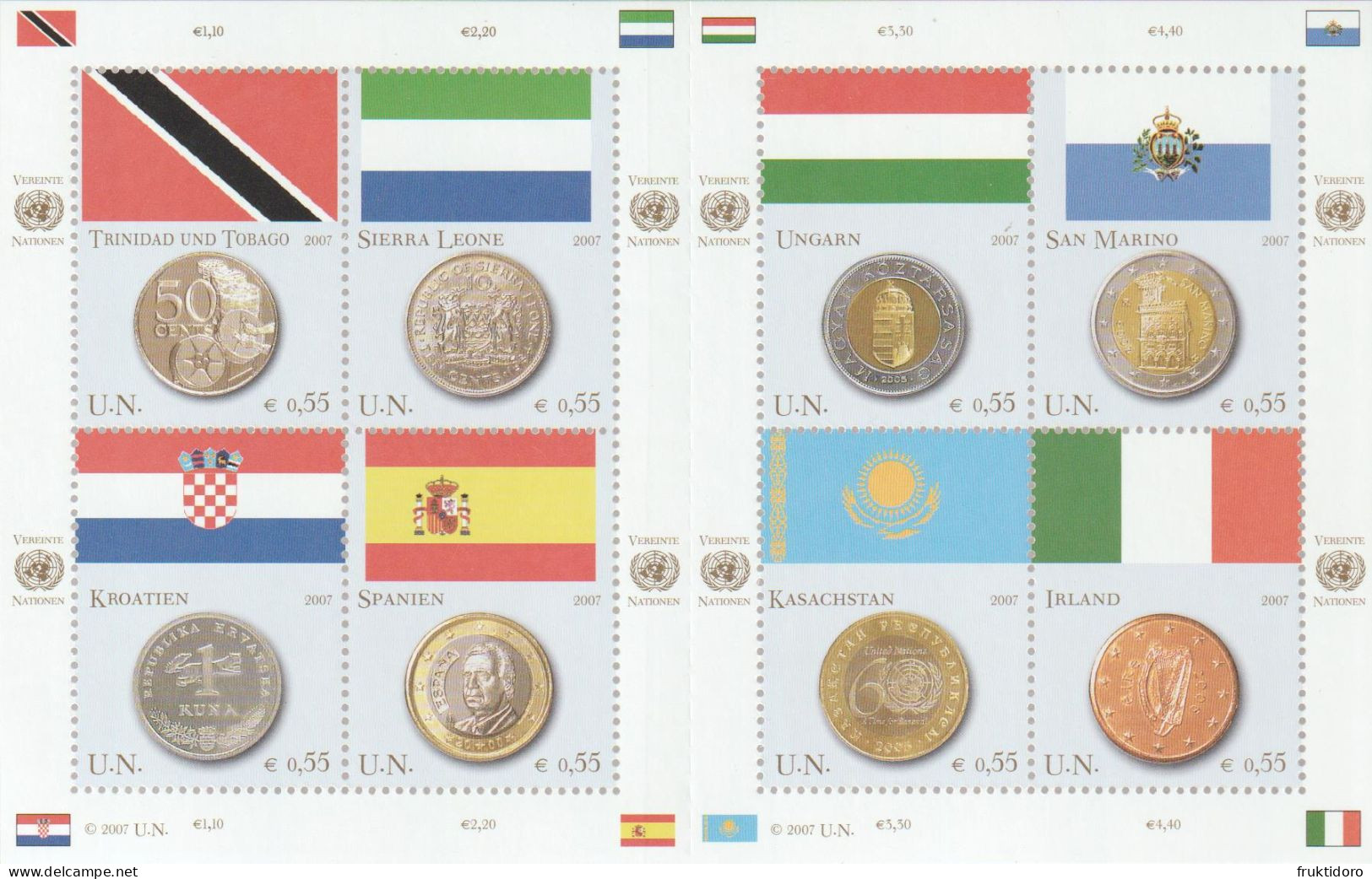 United Nations Vienna Mi 489-496 Flags And Coins Trinidad & Tobago Sierra Leone Croatia Spain Hungary 2007 * * - Blocs-feuillets