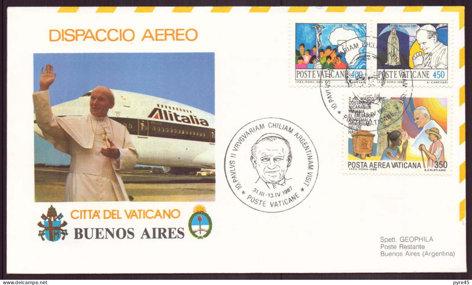 VATICAN ENVELOPPE COMMEMORATIVE 1987 X PAULUS II VRVGVARIAM CHILIAM ARGENTINAM VISIT - Cartas & Documentos