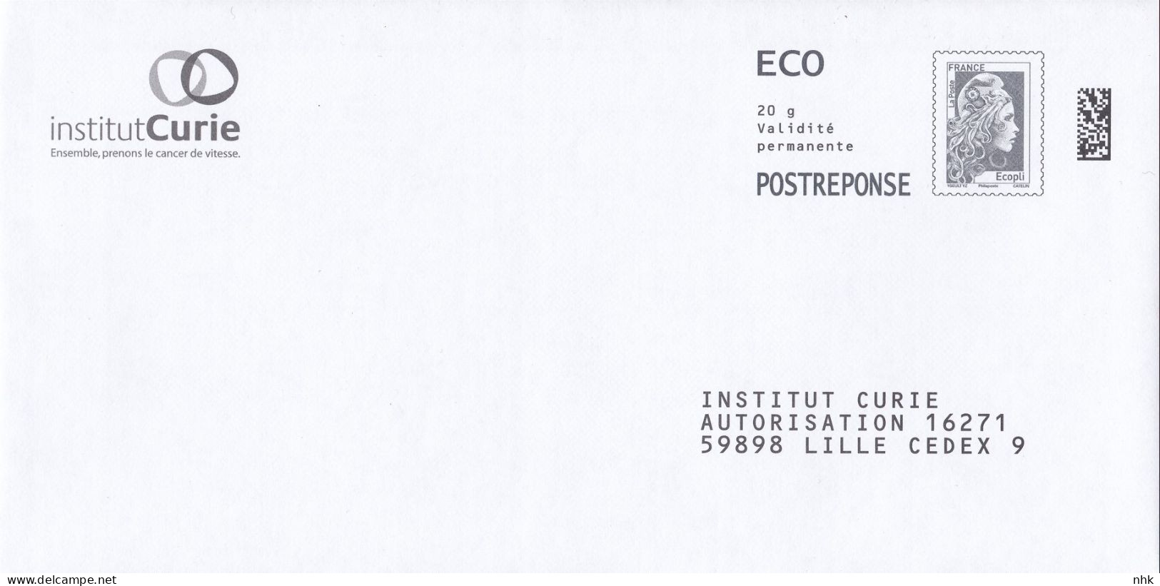 Entiers Postaux : Enveloppe Réponse Type L'Engagée ECO Institut Curie 416029 ** - Listos Para Enviar: Respuesta/Marianne L'Engagée