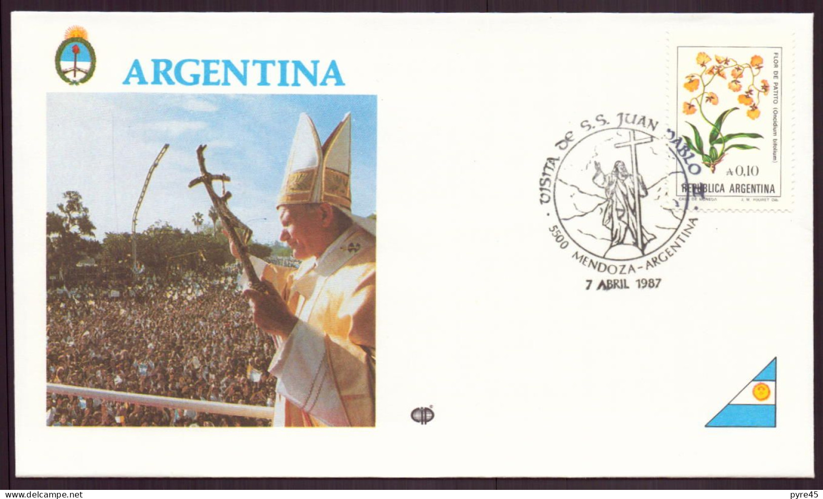 ARGENTINE ENVELOPPE COMMEMORATIVE 1987 MENDOZA VISITA DE SS JUAN PABLO II - Briefe U. Dokumente