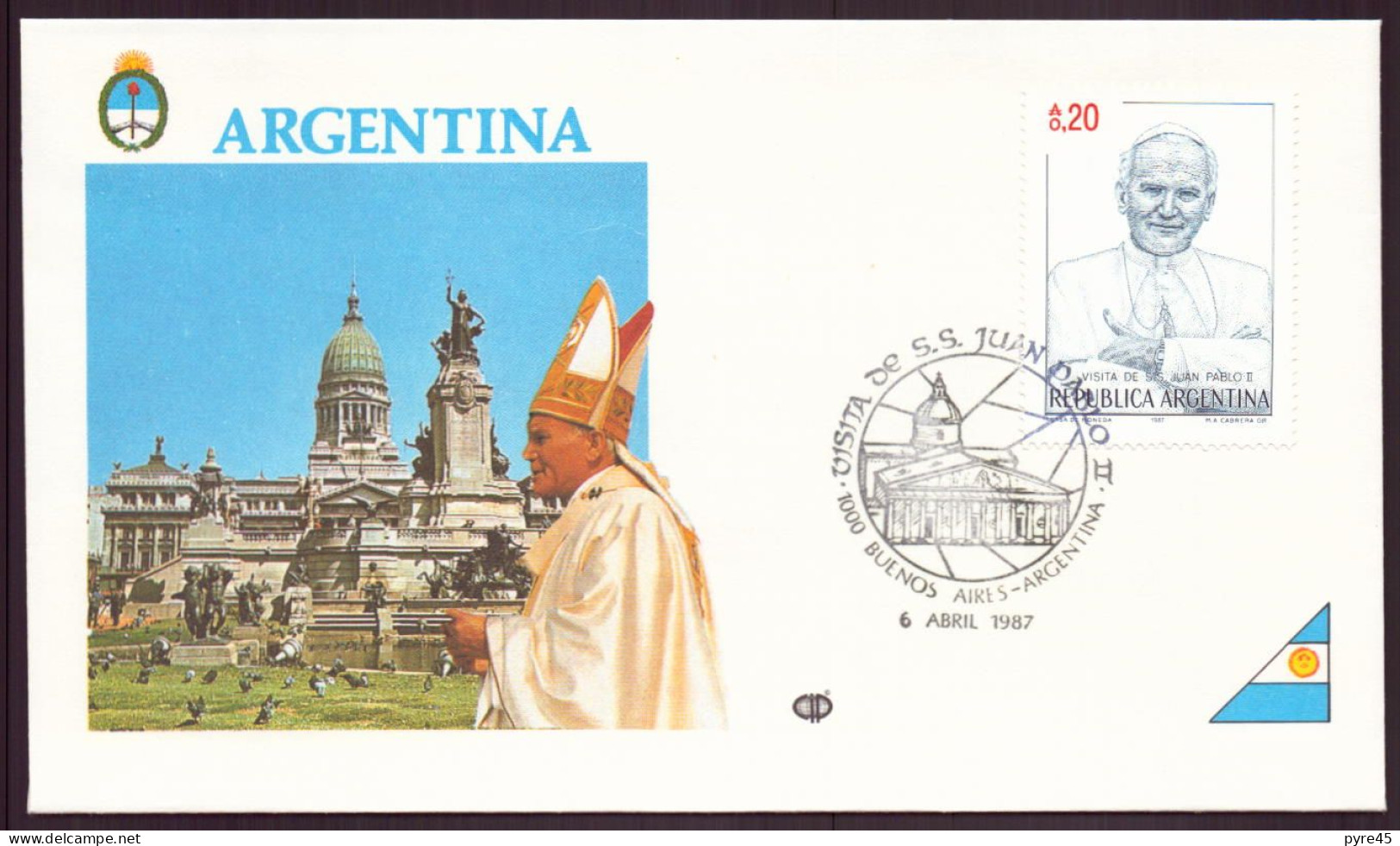 ARGENTINE ENVELOPPE COMMEMORATIVE 1987 BUENOS AIRES VISITA DE SS JUAN PABLO II - Brieven En Documenten