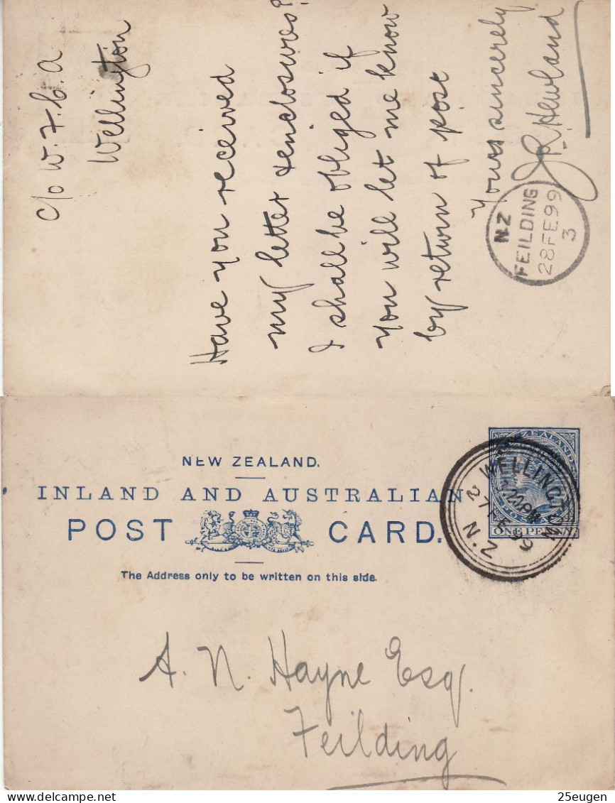 NEW ZEALAND 1899 POSTCARD SENT FROM WELLINGTON TO FIELDING - Briefe U. Dokumente