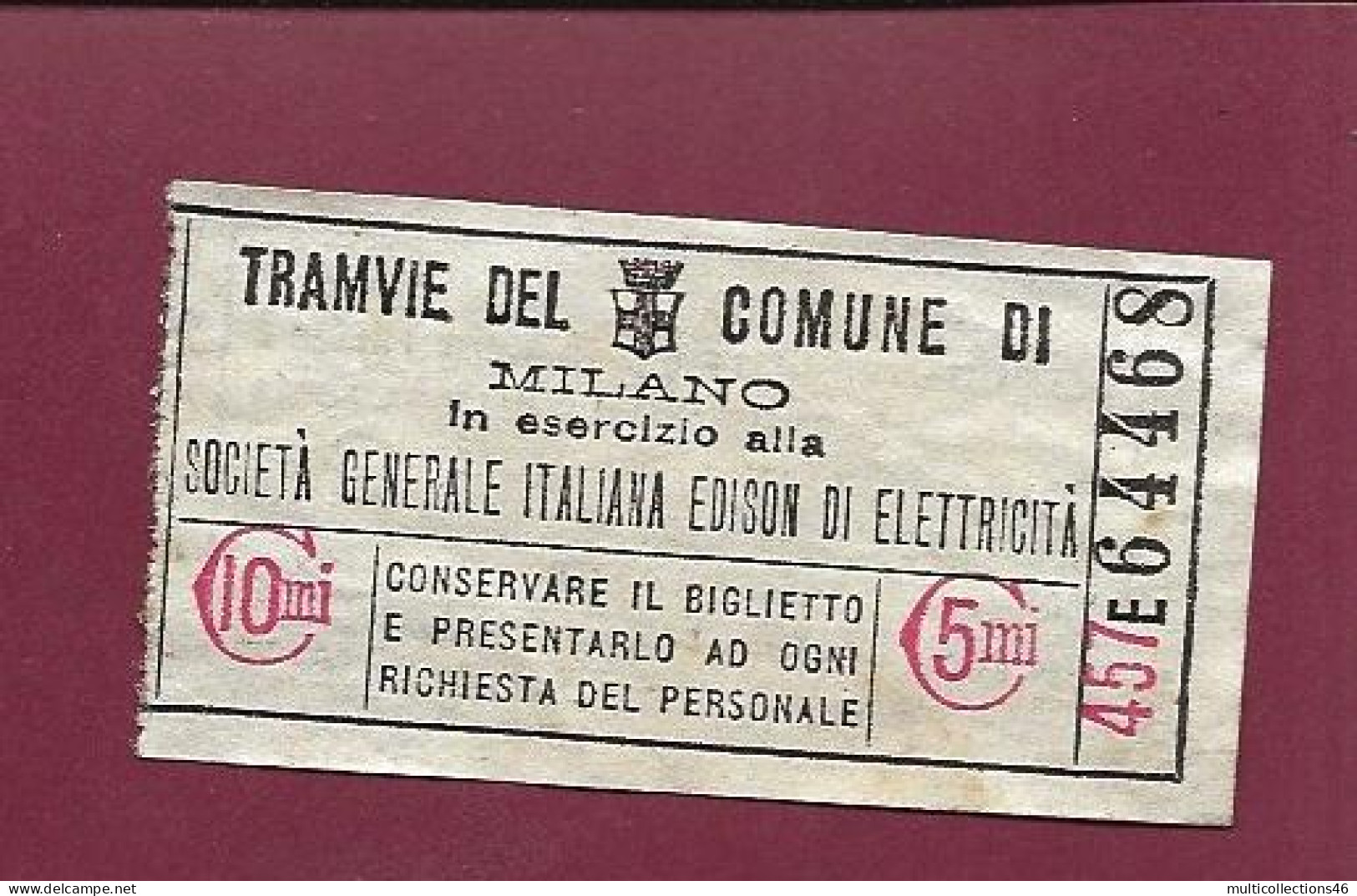 301223B - TICKET CHEMIN DE FER TRAM METRO - ITALIE TRAMWAYS TRAMVIE DEL COMUNE DI MILANO 457 E64468 - Europa