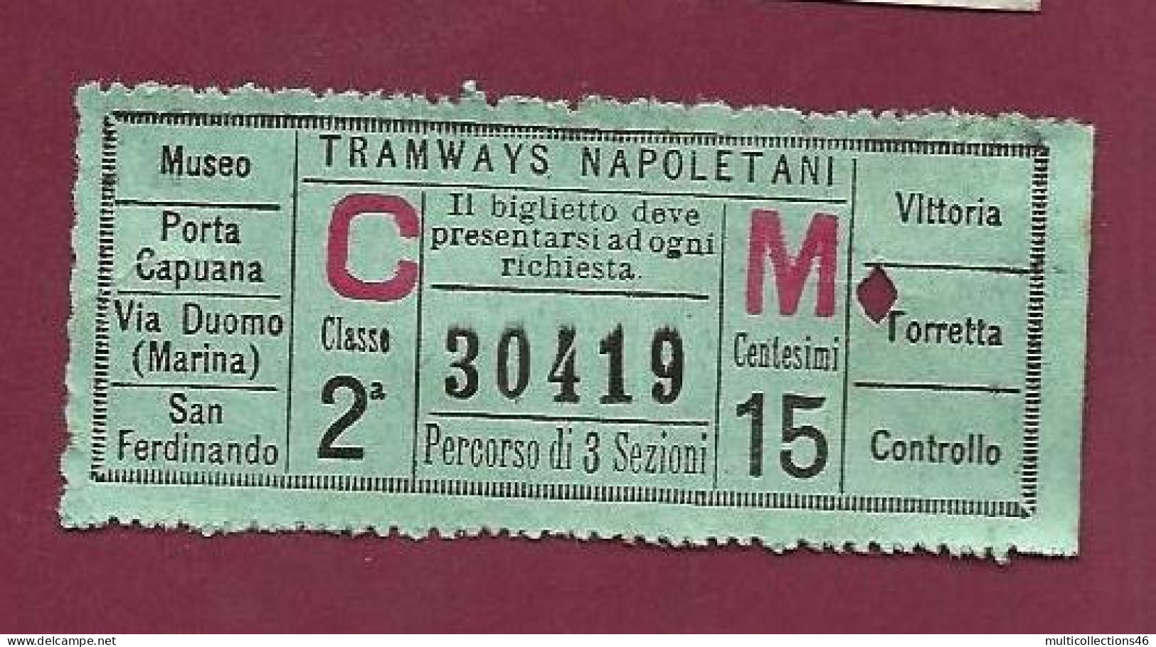 301223B - TICKET CHEMIN DE FER TRAM METRO - ITALIE TRAMWAYS NAPOLETANI C Classe 2a M 15 Centesimi N°30419 - Europa