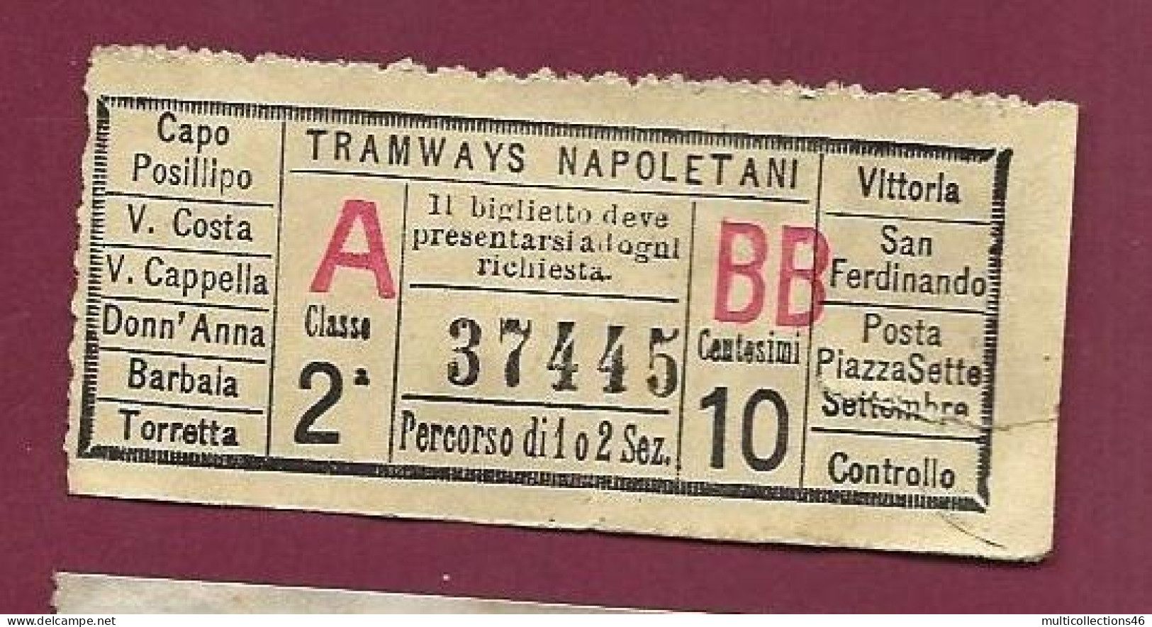 301223B - TICKET CHEMIN DE FER TRAM METRO - ITALIE TRAMWAYS NAPOLETANI C Classe 2a BB 10 Centesimi N°37445 - Europa