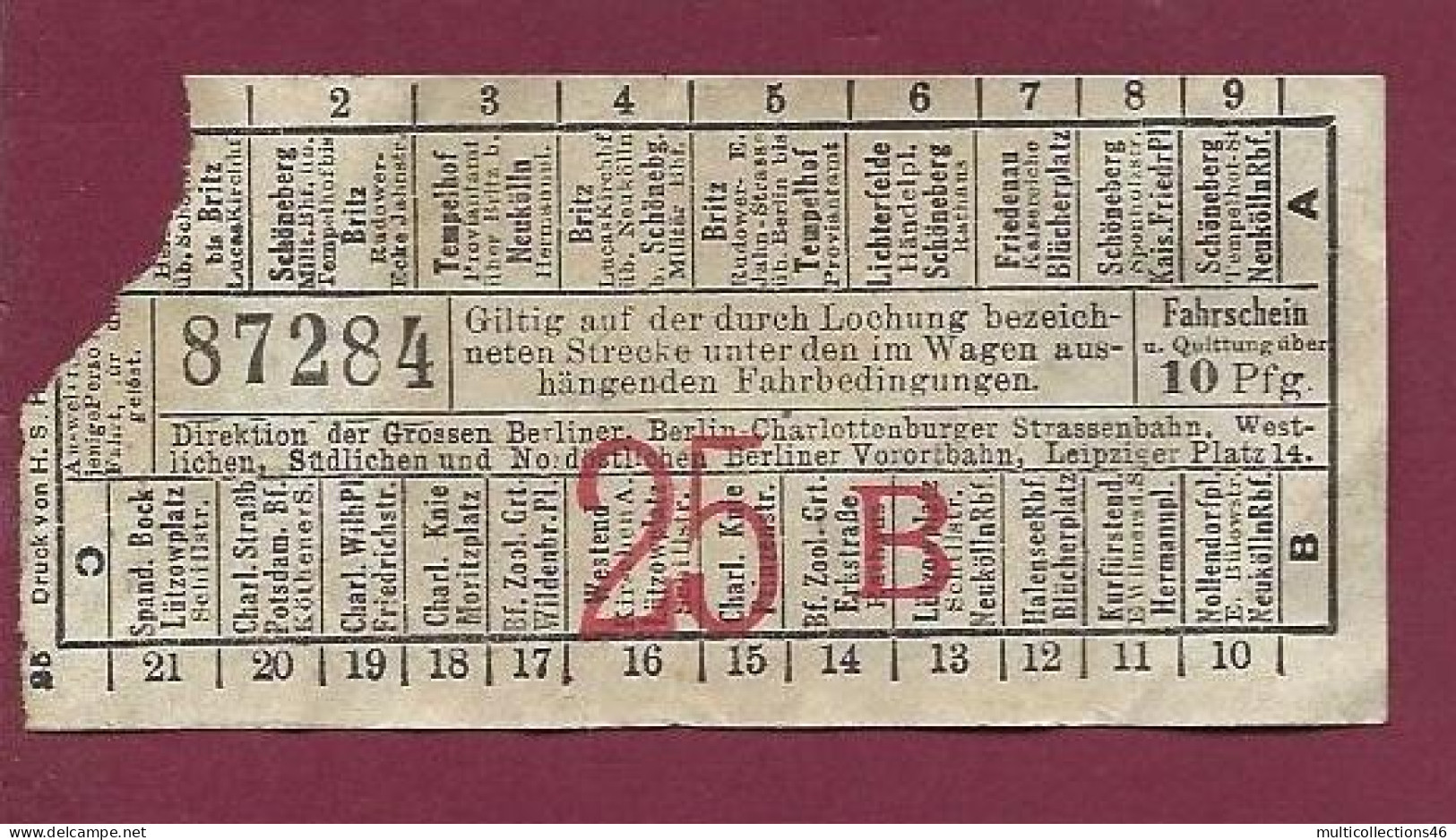 301223C - TICKET CHEMIN DE FER TRAM METRO - BELGIQUE ALLEMAGNE BERLIN N°87284 25B 10 Pfg - Europa