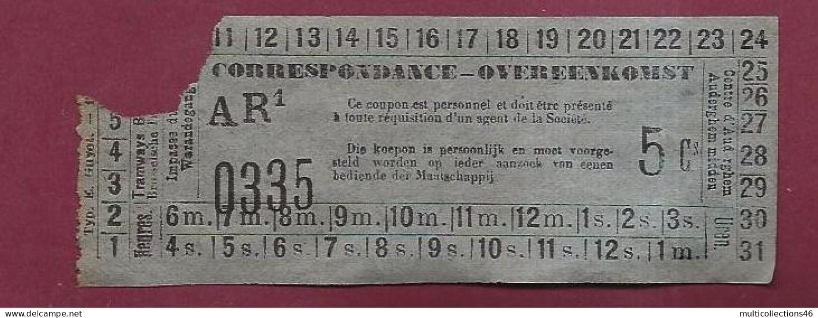 301223C - TICKET CHEMIN DE FER TRAM METRO - BELGIQUE AUDERGHEM MIDDEN Correspondance AR1 5Cs 0335 - Europe