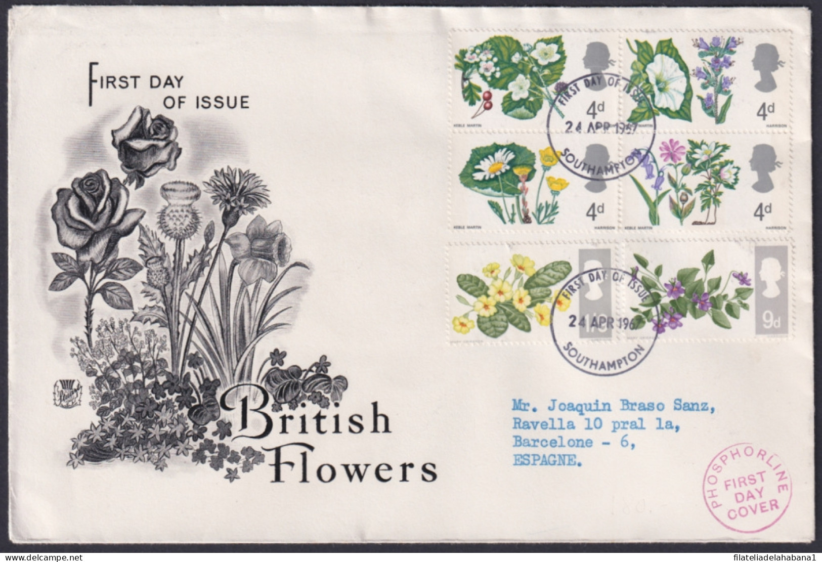 F-EX45419 ENGLAND UK FDC 1967 FLOWERS WITH & WITHOUT PHOSPHORLINE.  - 1952-71 Ediciones Pre-Decimales