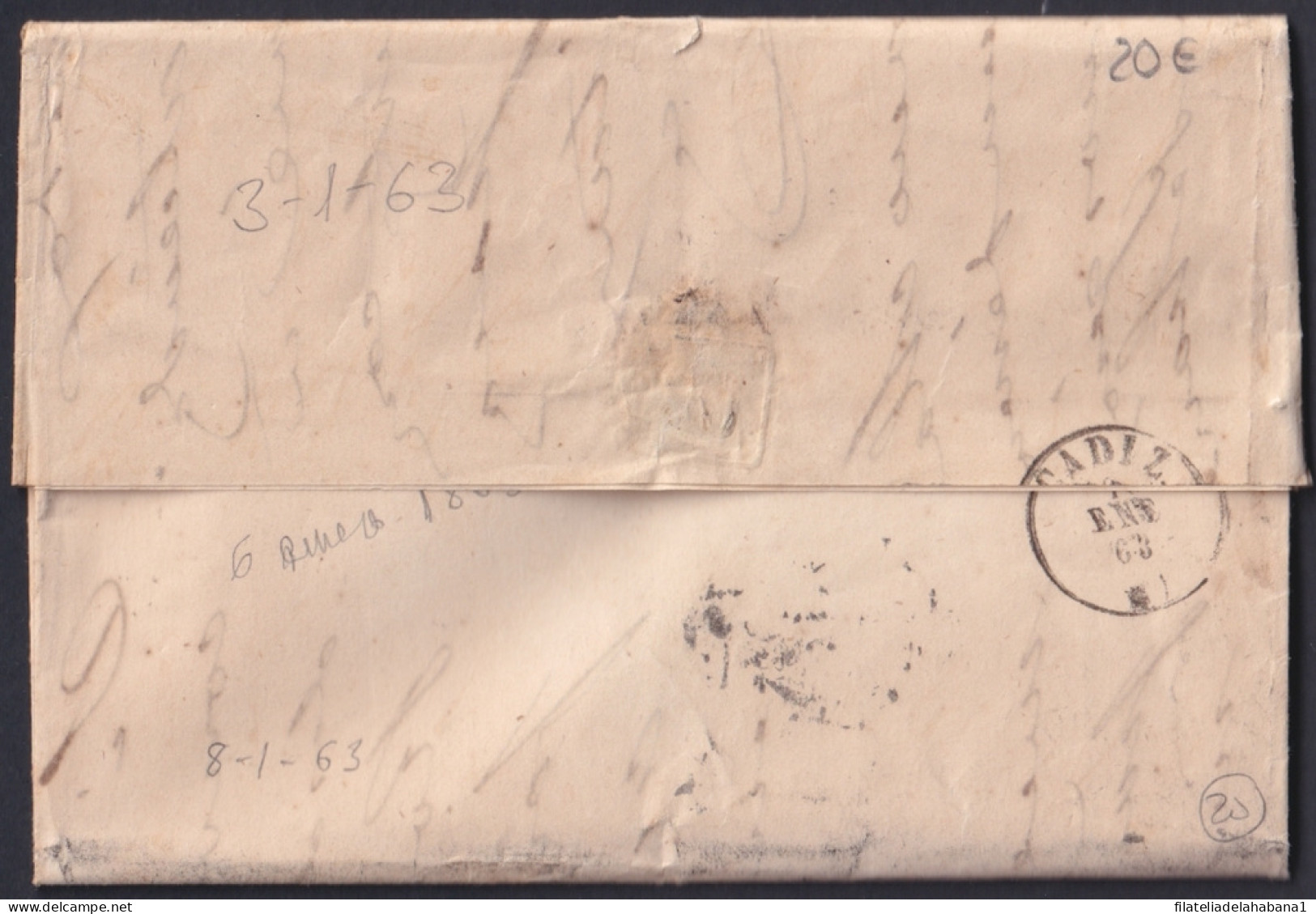 F-EX46393 ESPAÑA SPAIN 1863 25mls MADRID TO CADIZ.  - Covers & Documents