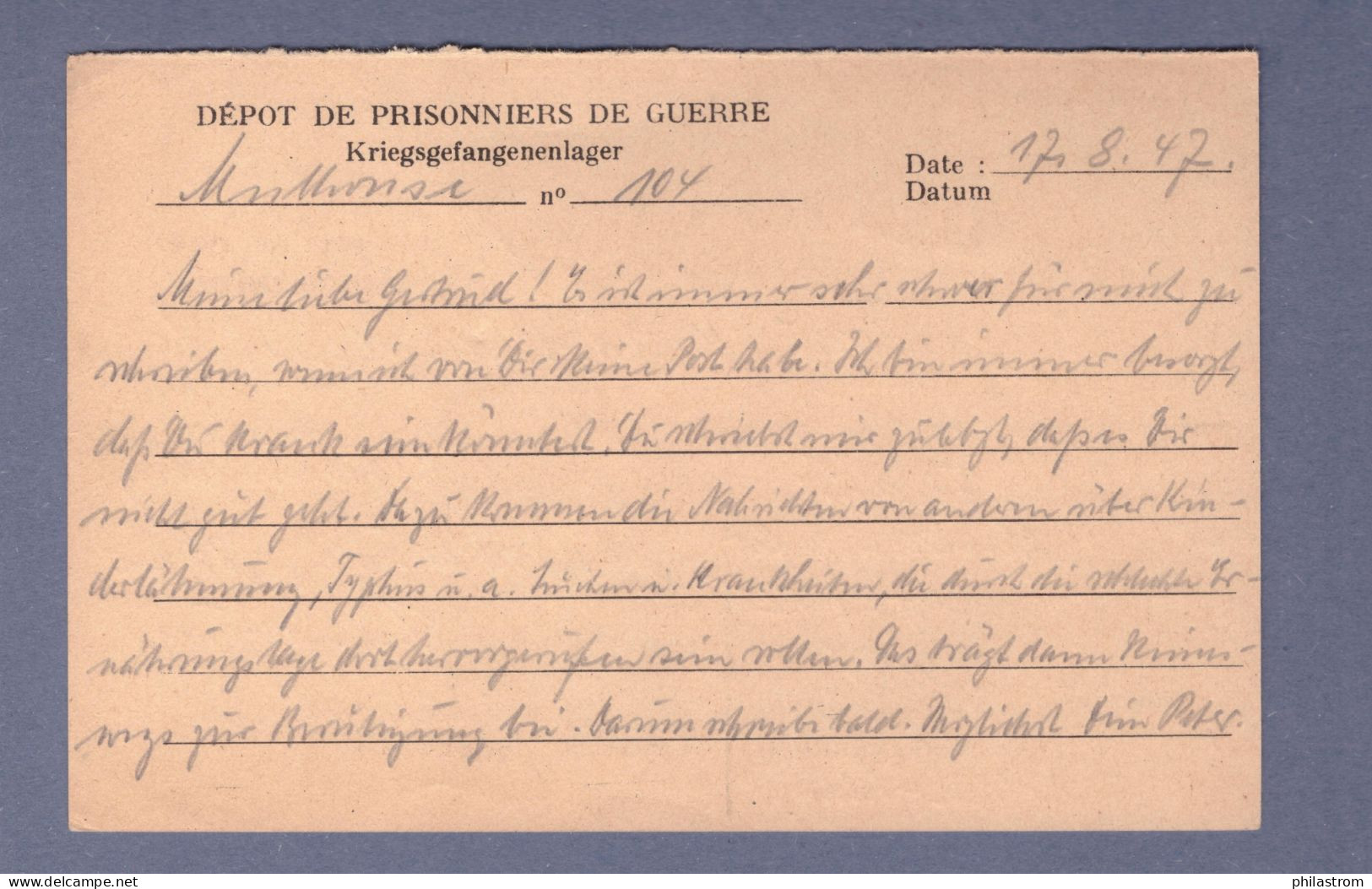 Kriegsgefangenenpost - Dépot Des P.G. Nº 104 - Postkarte  Mulhouse 17.8.47--> Lüneburg (3198AGH-076) - Courriers De Prisonniers