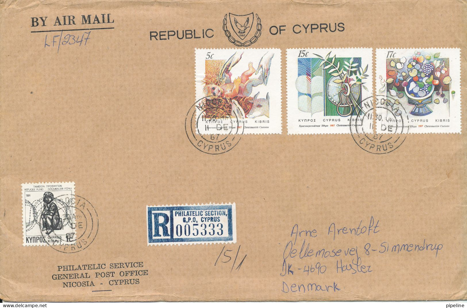 Cyprus Republic Registered Cover Sent Air Mail To Denmark Nicosia 11-12-1987 - Brieven En Documenten