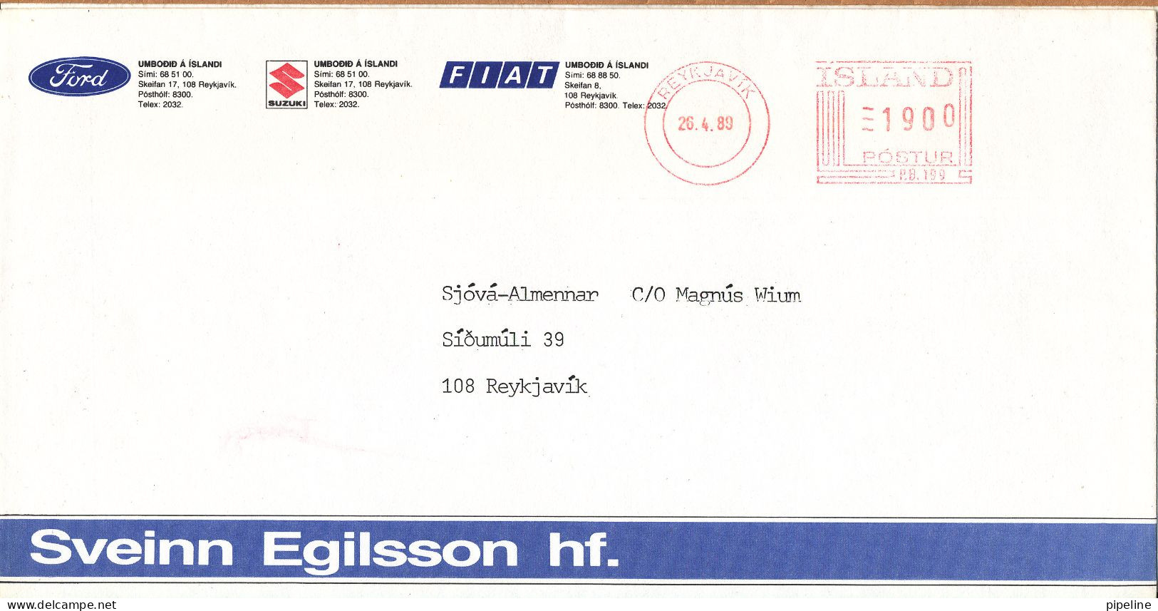 Iceland Cover With Meter Cancel Reykjavik 26-4-1989 (FORD - SUZUKI - FIAT) (folded Cover) - Brieven En Documenten