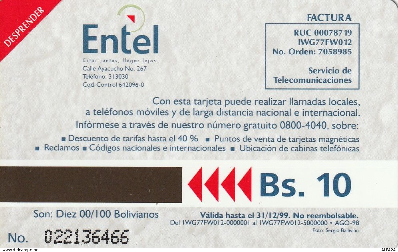 PHONE CARD BOLIVIA URMET NEW (E71.39.3 - Bolivia