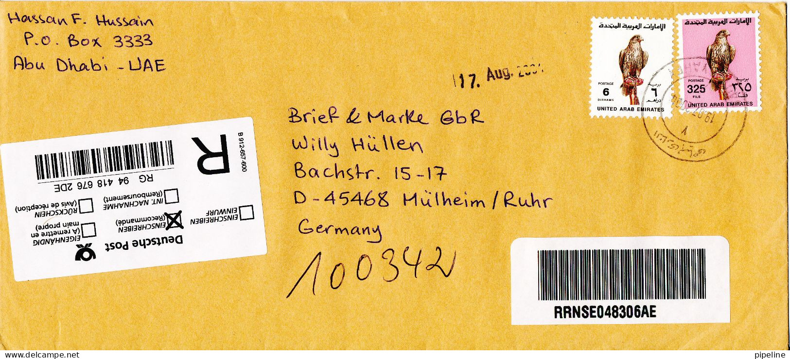 U. A. E. Abu Dhabi Registered Cover Sent To Germany Nady Syahey 19-7-2004 Topic Stamps BIRDS - Abu Dhabi