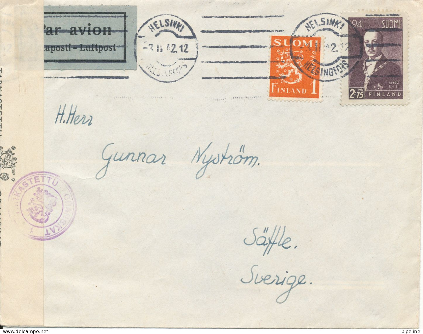 Finland Censored  Cover Sent To Sweden Helsinki 31-12-1942 - Briefe U. Dokumente