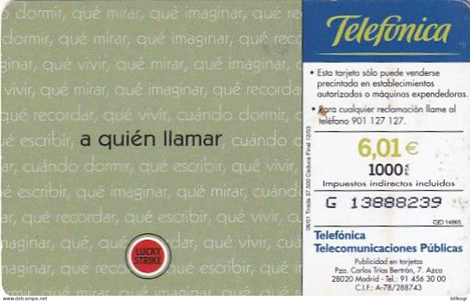 SPAIN - Lucky Strike Cigarettes, Tirage 37500, 06/01, Used - Basisausgaben