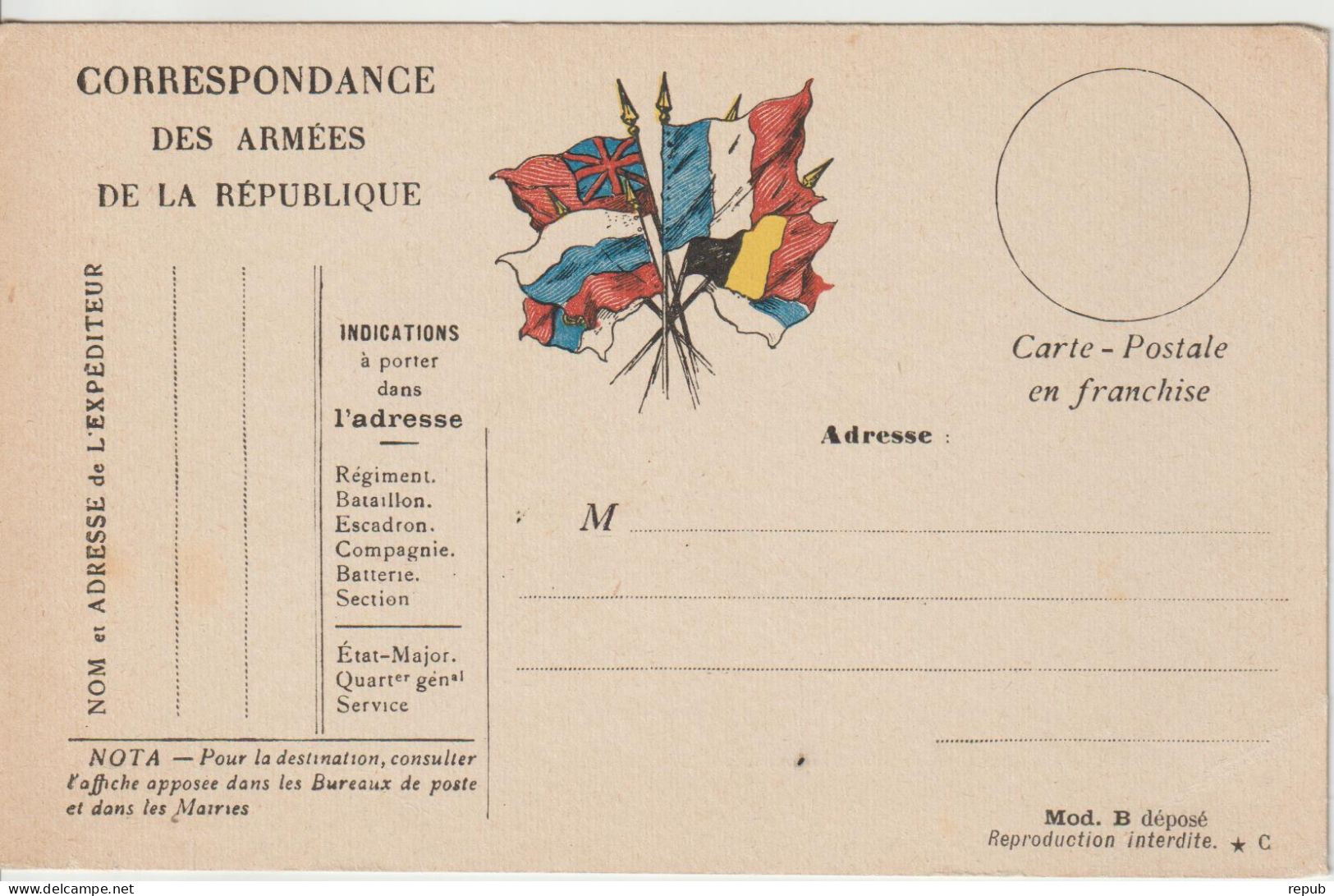 Carte En Franchise Drapeaux Neuve Correspondance Des Armées De La République - WW I