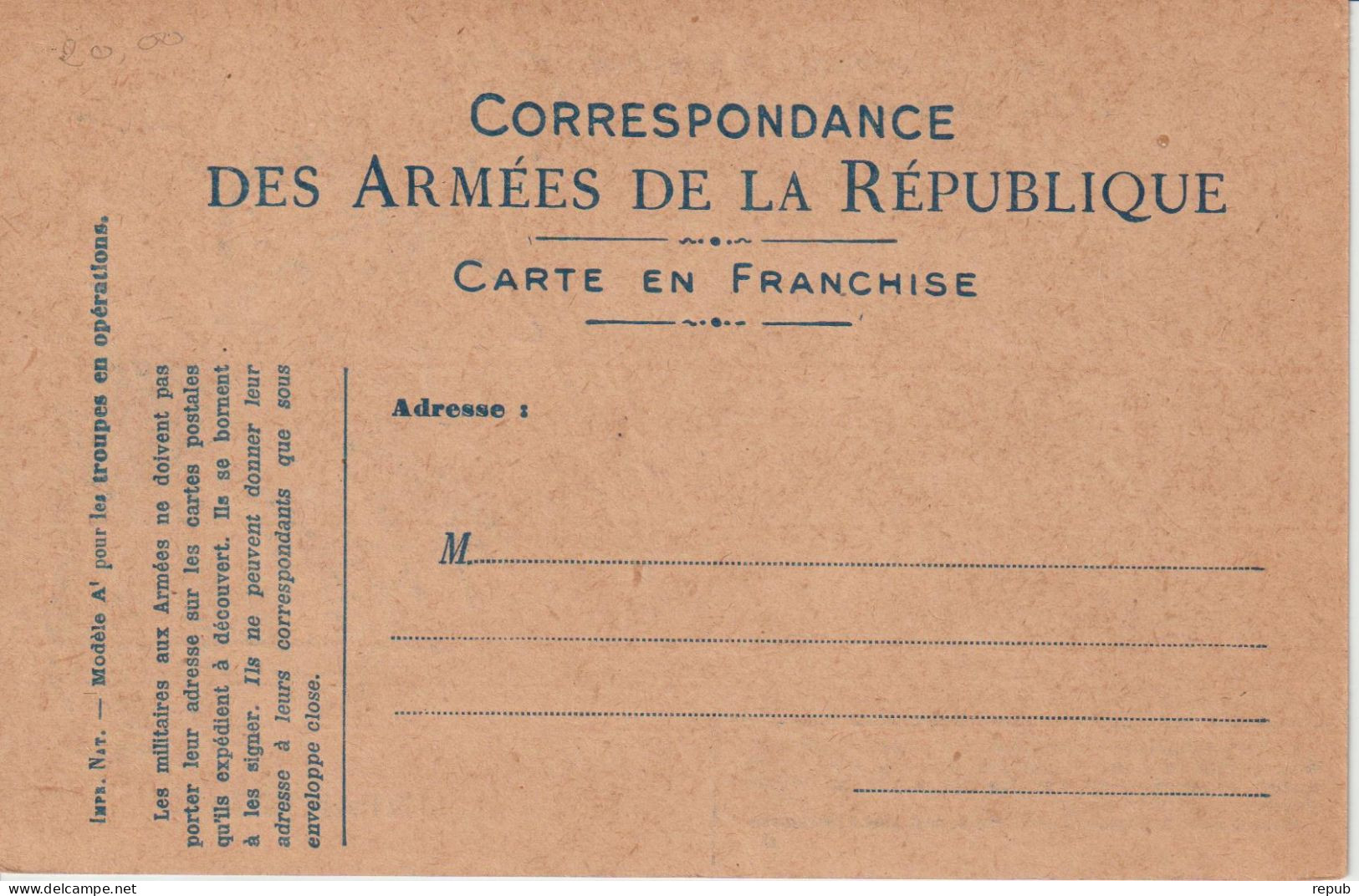 Carte En Franchise Infanterie Neuve Correspondance Des Armées De La République - WW I