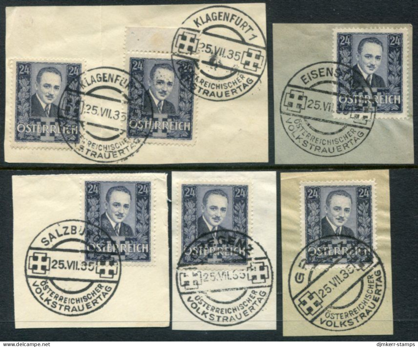 AUSTRIA 1935 Dolfuss Mourning Used On Pieces With Five Different Postmarks.  Michel 590 - Used Stamps