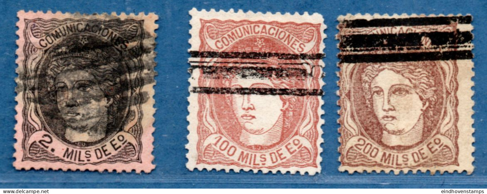 Spain 1870 - 2, 100 & 200 M 3 Values Bar Cancels - Usati