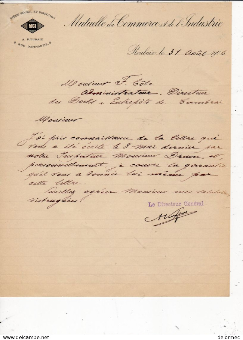 Document Commercial 1906 Mutuelle Du Commerce Et De L' Industrie MCI 8 Rue Dammartin à Roubaix Nord - Bank & Versicherung