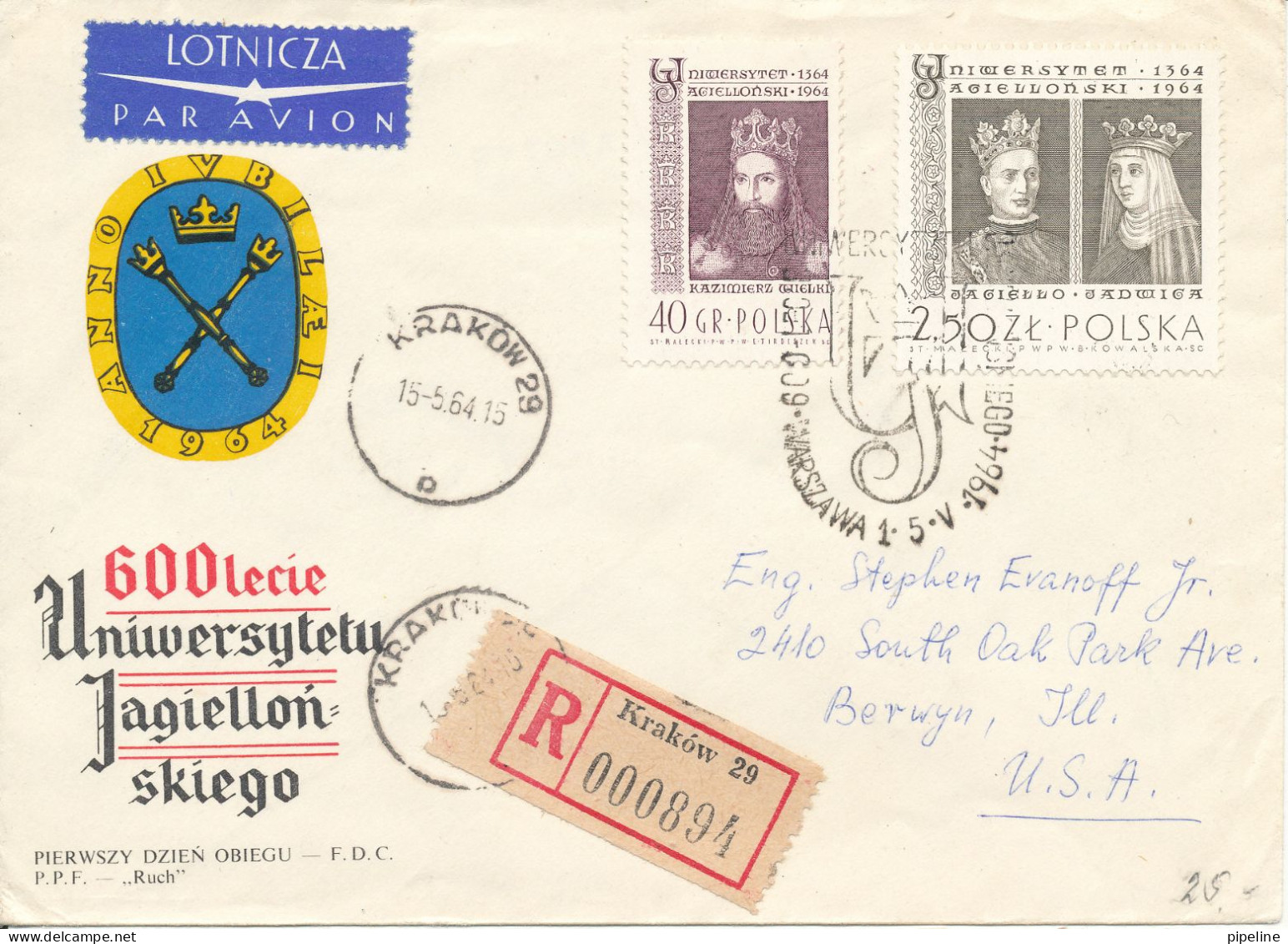 Poland Registered Cover Sent Air Mail To USA Krakow 15-5-1964 With A Lot Of Topic Stamps On Front And Backside Of The Co - Covers & Documents