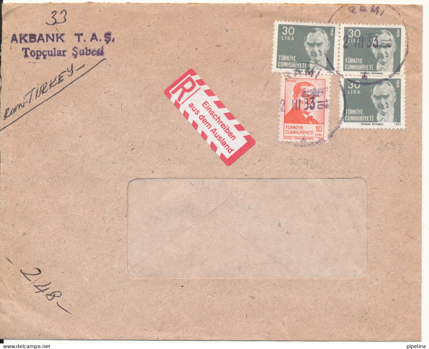 Turkey Registered Cover Sent To Germany Rami 2-3-1983 - Briefe U. Dokumente