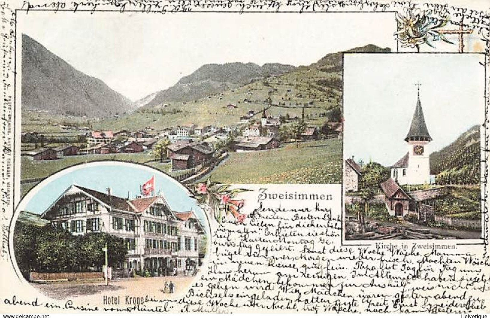 Zweisimmen Hôtel Krone Kirche Litho 1903 - Zweisimmen