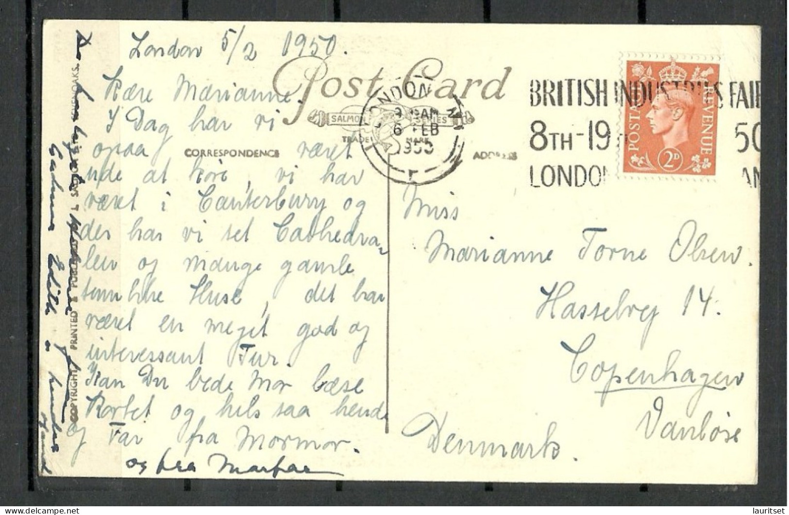 Great Britain England Mercery Lane Canterbury, Sent 1950 To Denmark O British Industrie Fair Special Cancel - Canterbury