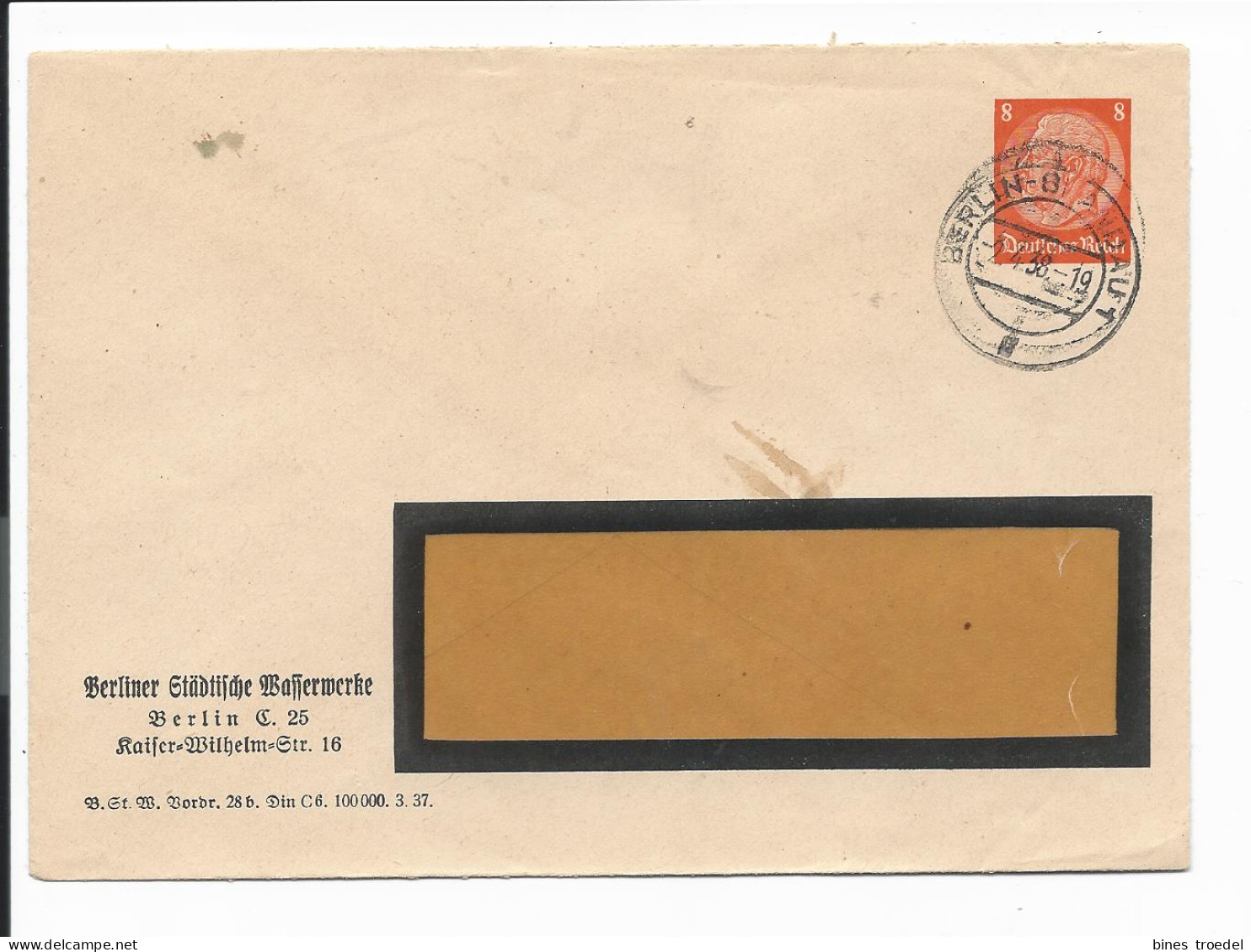 DR PU 131 B 4-06 - 8 Pf Hindenburg Med. Fenster-Umschlag Berliner Wasserwerke DV: 28b ... 100000. 3.37 Bedarfsverwendet - Private Postal Stationery