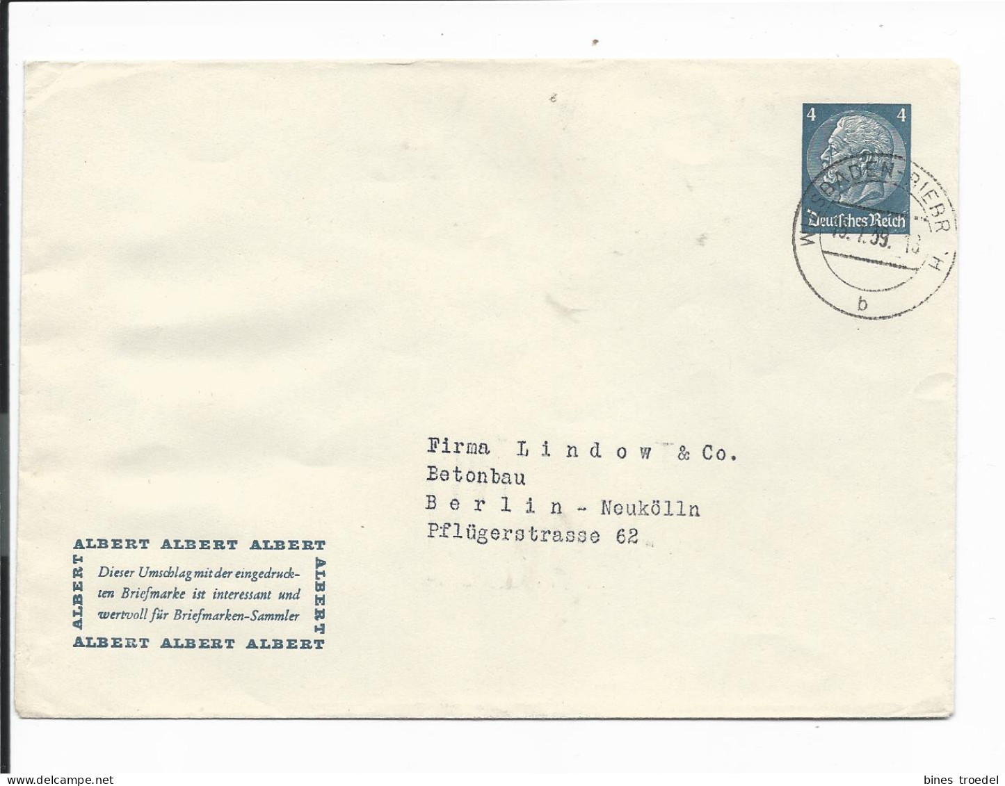 DR PU 128 B 7 - 4 Pf Hindenburg Med. Umschlag 'Albert' V. Wiesbaden N. Berlin Bedarfsverwendet - Private Postal Stationery