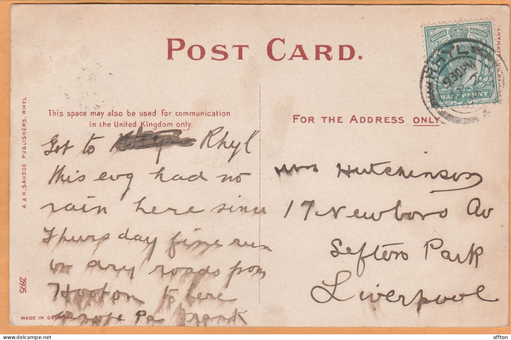Rhyl UK 1905 Postcard - Denbighshire
