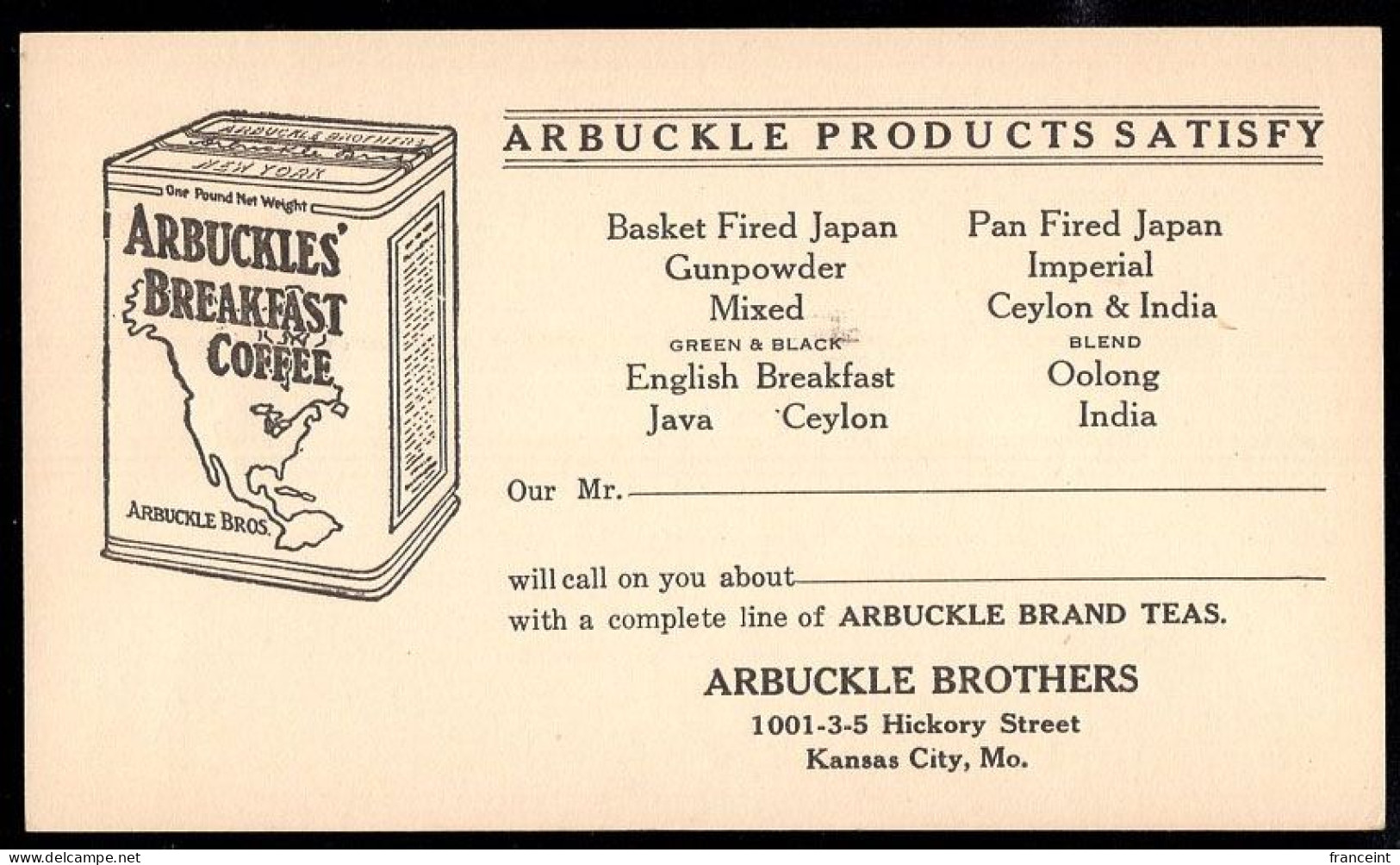 U.S.A.(1920) Can Of Coffee. Postal Card With Illustrated Ad For Arbuckle Breakfast Coffee Mentioning Interesting Product - 1901-20