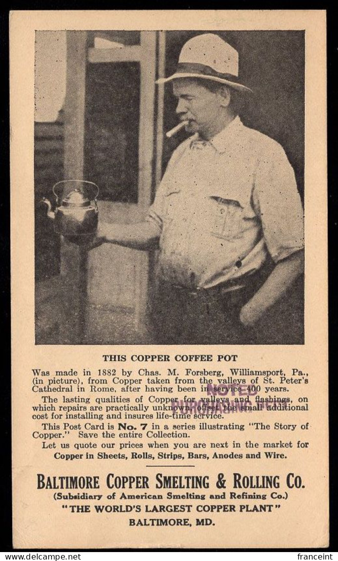 U.S.A.(1926) Man Examining Copper Coffee Pot. Postal Card With Illustrated Ad On Reverse For Baltimore Copper Smelting & - 1921-40