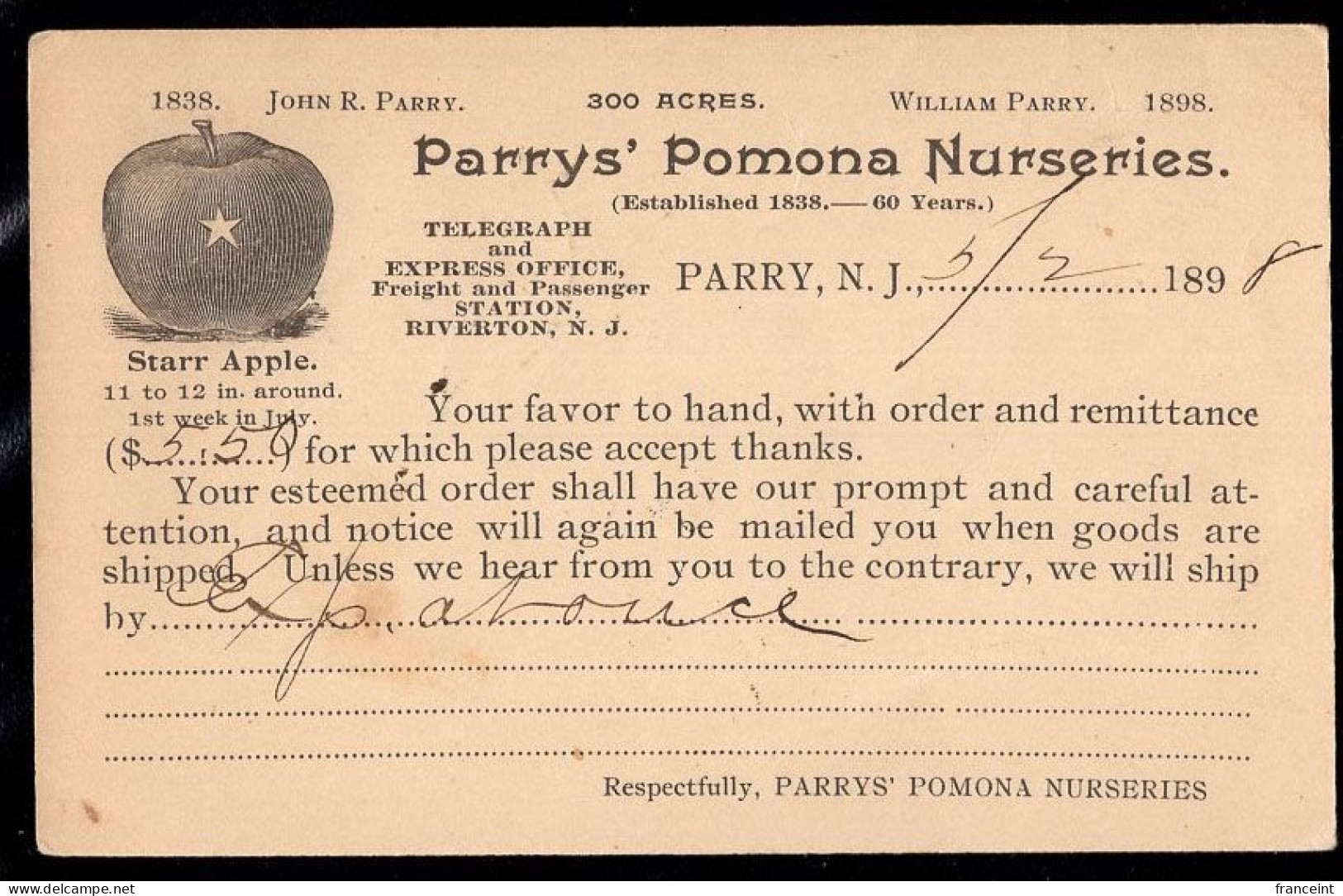 U.S.A.(1898) Apple. Nursery. One Cent Postal Card With Advertising. "Parry's Pomona Nurseries." - ...-1900