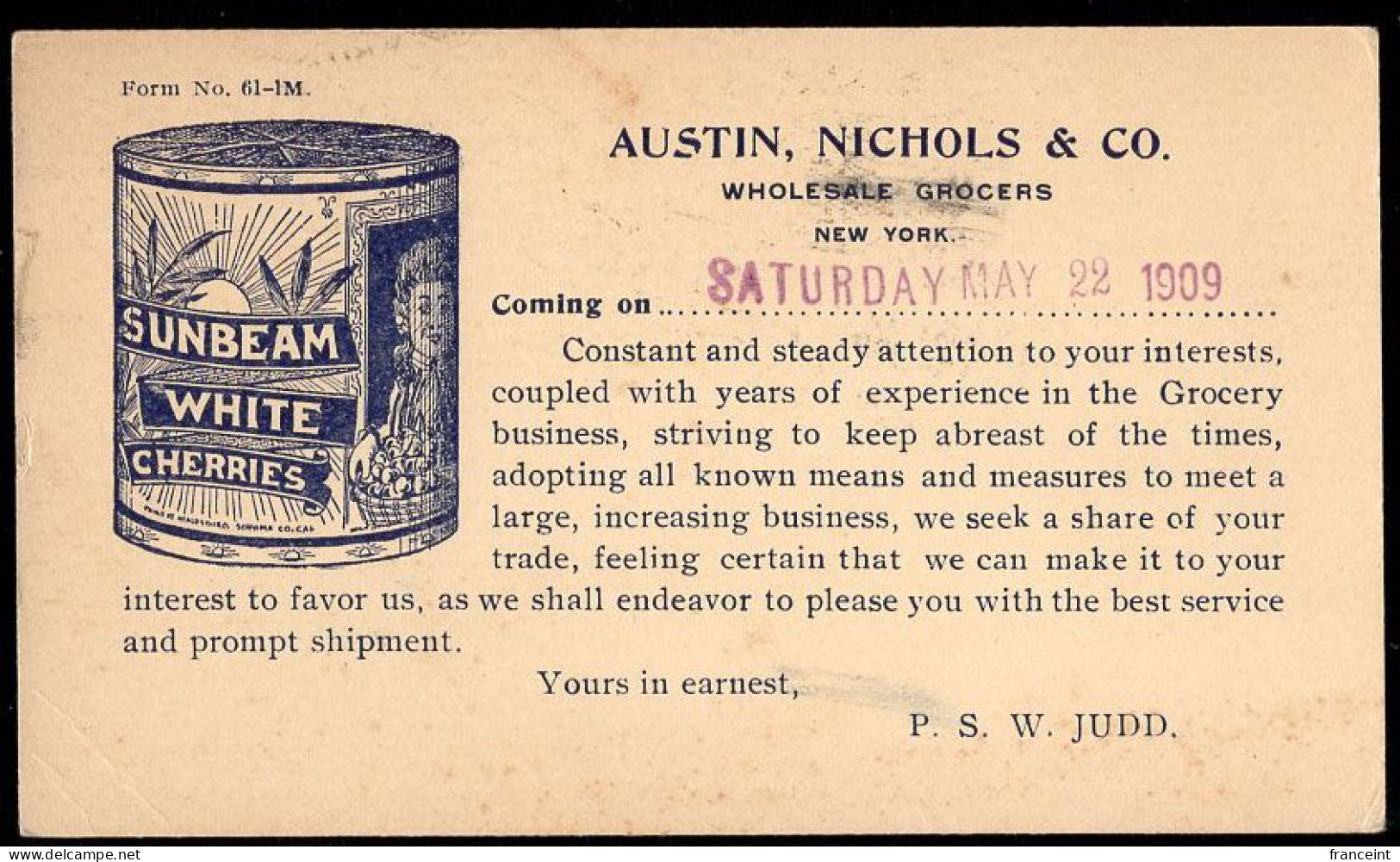 U.S.A.(1909) Can Of Cherries. Postal Card With Illustrated Ad On Reverse For Sunbeam White Cherries. - 1901-20