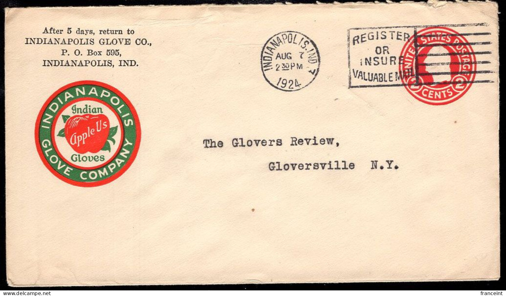 U.S.A.(1924) Apple. Gloves. 2 Cent Bicolor Postal Stationery With Advertising: (pun)"Indian Apple Us [Indianapolis] Glov - 1921-40