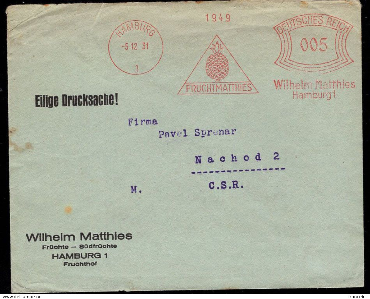 GERMANY(1931) Pineapple. Red Meter Cancellation On Envelope Fruchtmatthies. - Andere & Zonder Classificatie