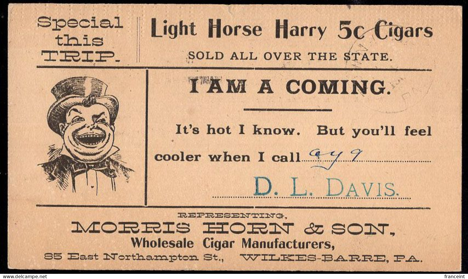 U.S.A.(1900) Man In Tophat. Cigars. Postal Card With Printed Ad On Reverse For Light Horse Harry 5 Cent Cigars. Just Wha - ...-1900