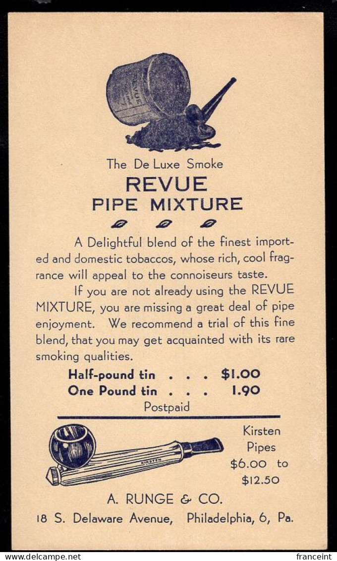 U.S.A.(1920) Pipe. Tobacco. Postal Card With Illustrated Ad For Revue Pipe Mixture And Kirsten Pipes. A. Runge Co, Phila - 1901-20