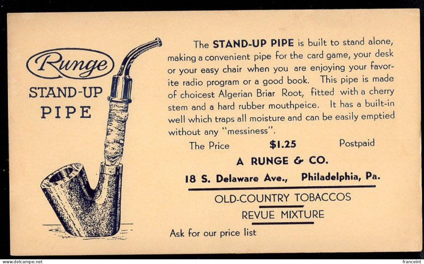 U.S.A.(1920) Pipe. Postal Card With Illustrated Ad For Runge Stand-up Pipe, Made From Algerian Briar Root. A. Runge Co, - 1901-20