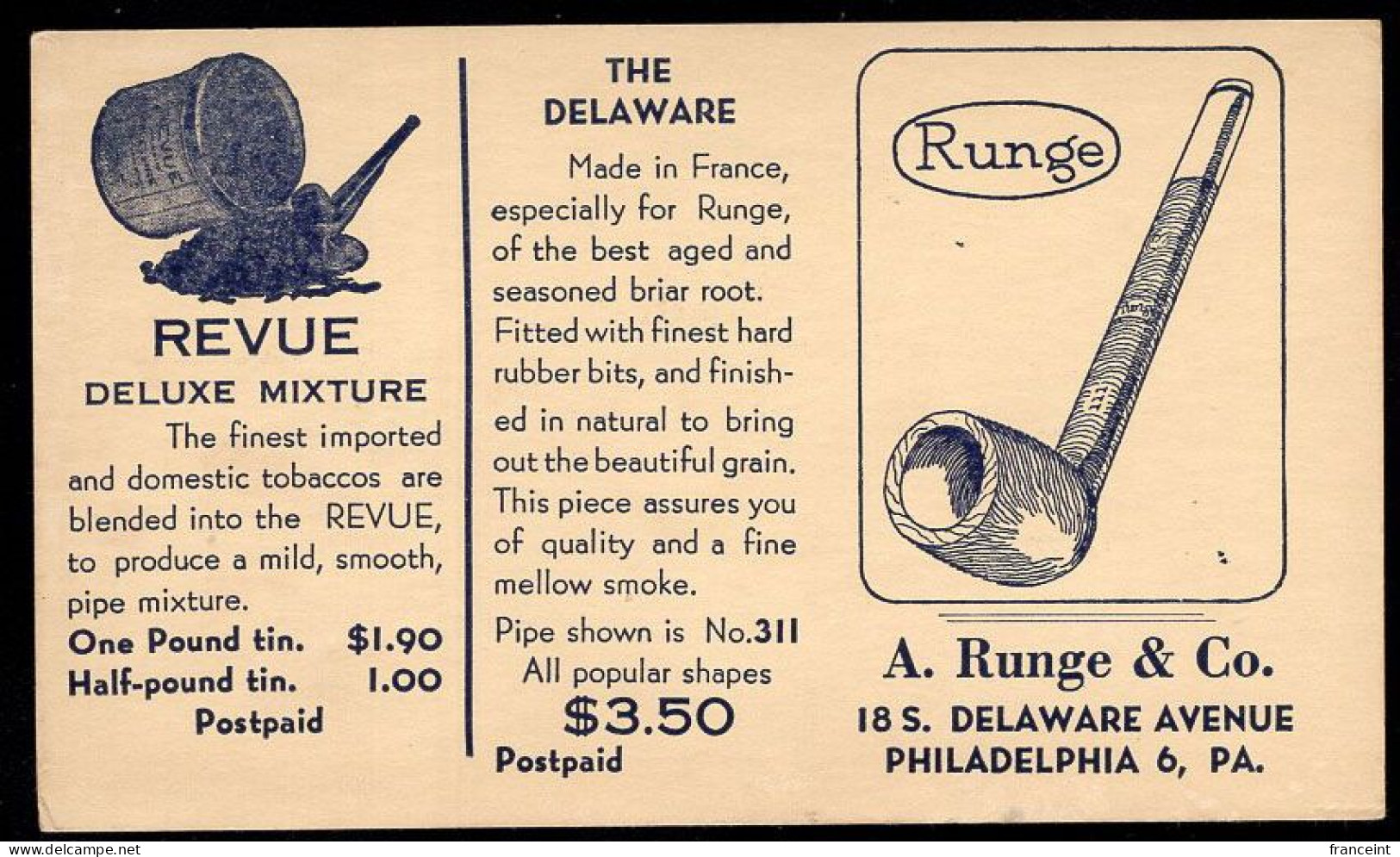 U.S.A.(1920) Pipe. Tobacco. Postal Card With Illustrated Ad For Revue Deluxe Mixture And "The Delaware" Pipe. A. Runge C - 1901-20