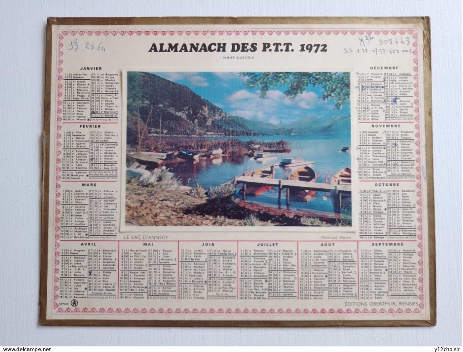 CALENDRIER 1972 ALMANACH DES POSTES TELEGRAPHES TELEPHONES PTT Le Lac D' Annecy Effet Relief 3 D Savoie - Big : 1971-80